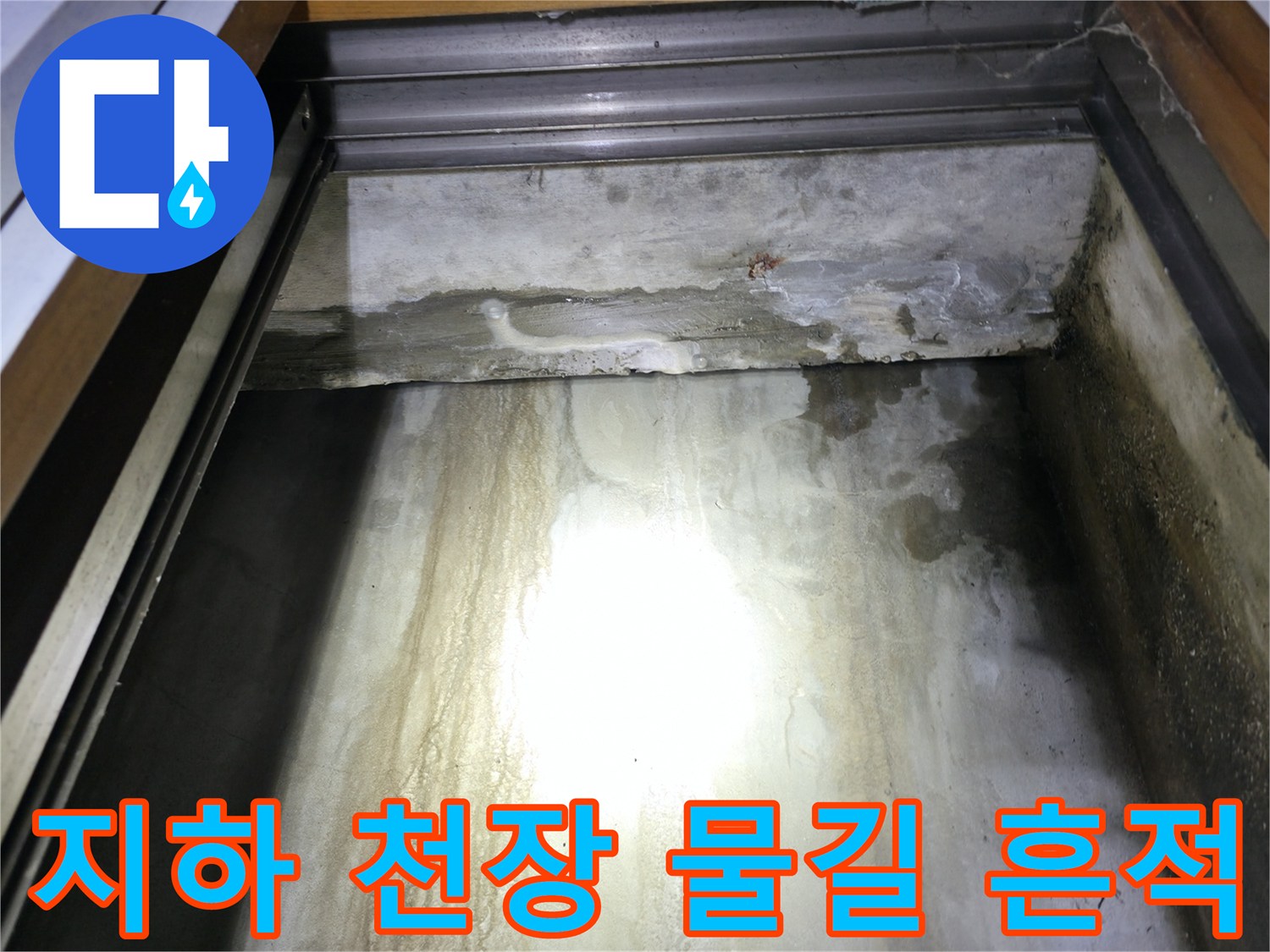 용인 수지 지하 공간 - 누수로 인해 얼룩진 콘크리트 벽체