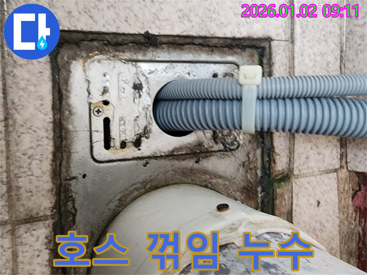 세탁기 배수구 주변 배수 호스 꺾임으로 인한 역류 누수 - 상계9동 누수 전문가가 호스 재배치 및 고정으로 해결했습니다.