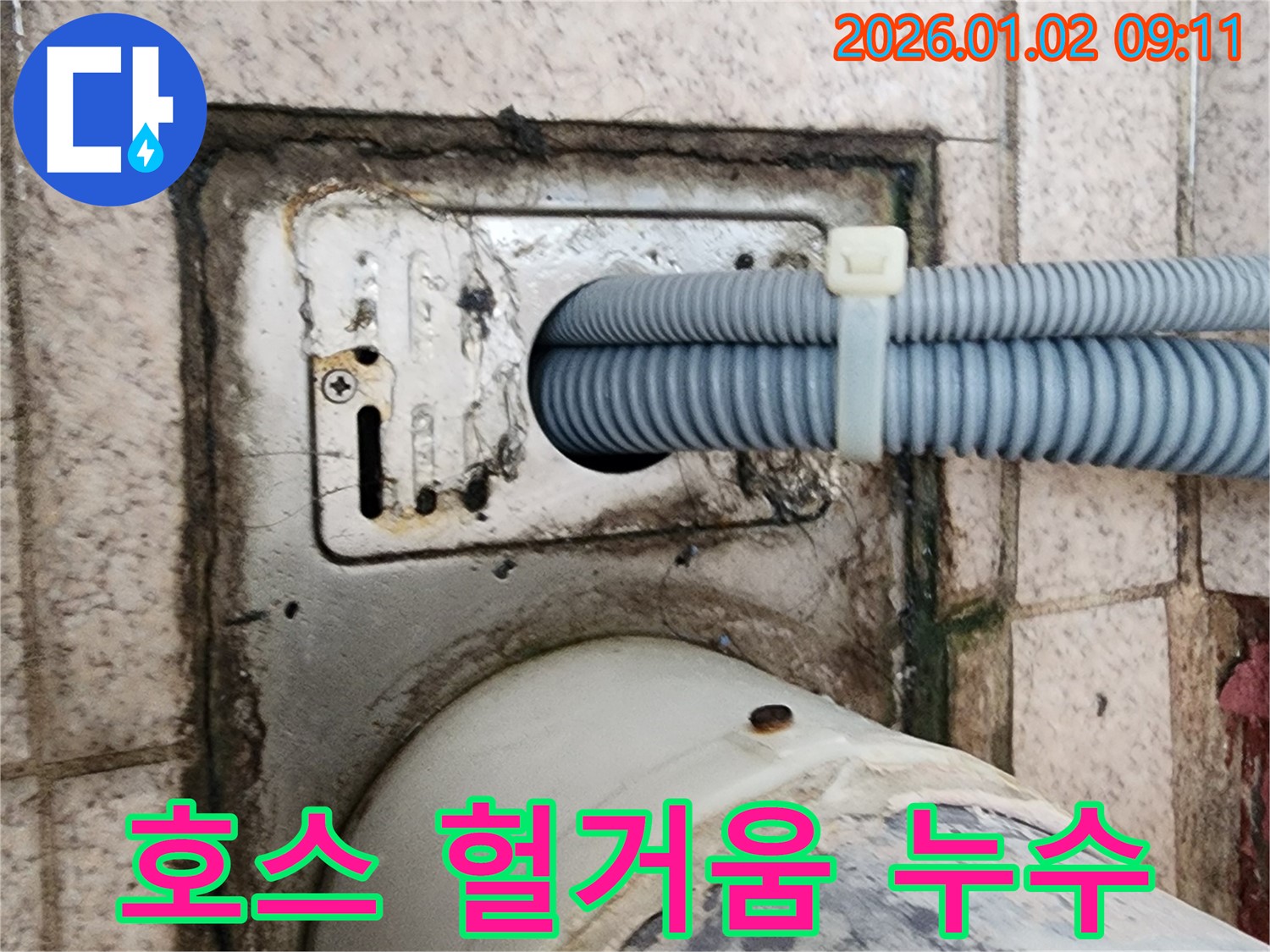 세탁기 배수구 주변 배수 호스 연결 부위 헐거움으로 인한 누수 - 노원구 상계9동 누수 전문가가 호스 재연결 및 고정 작업으로 해결했습니다.