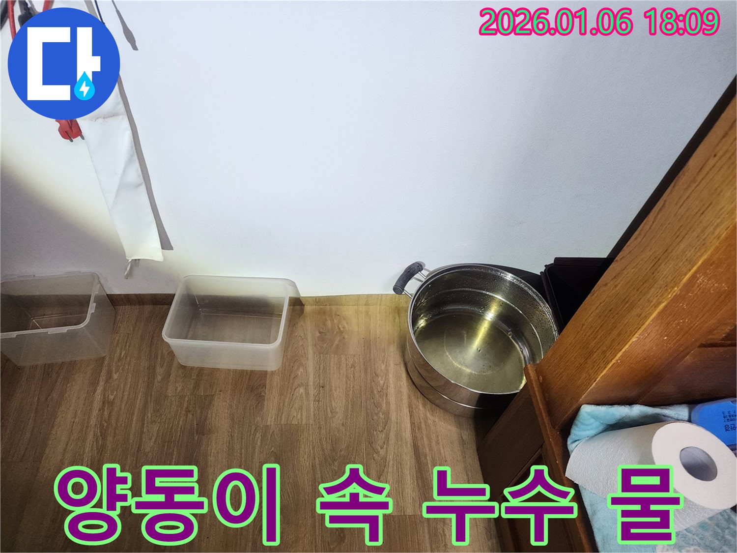 장안구 누수 현장 - 양동이에 고인 물은 누수의 심각성을 보여줍니다. 빠른 조치가 필요합니다.