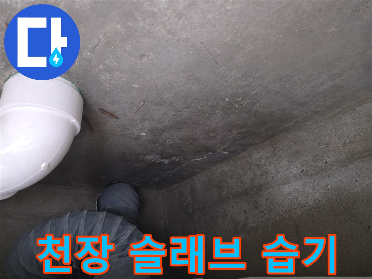 누수 점검 현장-젖어 있는 천장 콘크리트 표면