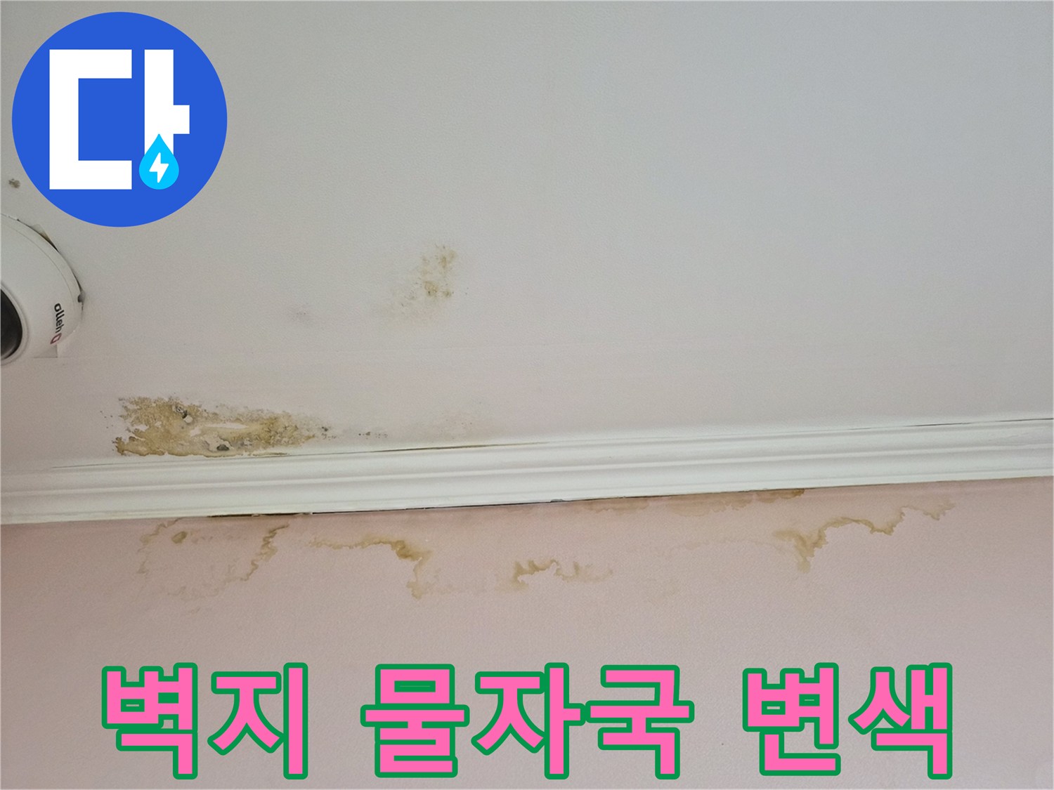 천장과 벽면 경계 부위-습기로 인해 젖어있는 도배지 상태