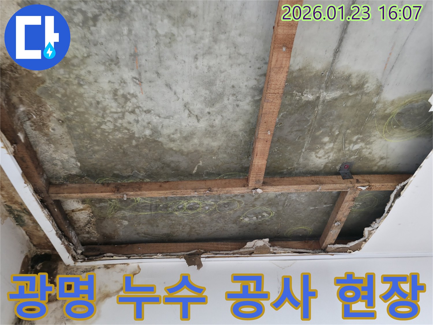 광명 금하로 누수 공사 중-천장 콘크리트 슬라브와 나무 지지대가 보이는-심각한 누수 현장