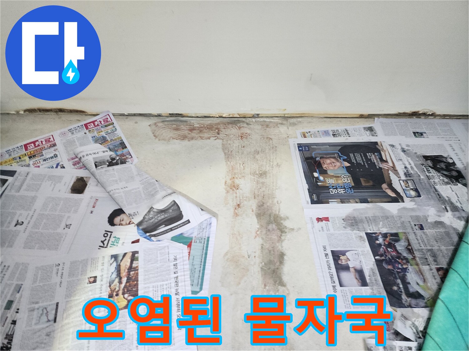 벽에 생긴 어둡고 오염된 물자국-위생 문제를 야기할 수 있습니다.