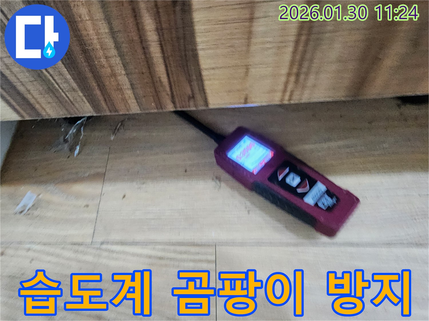 숨은 누수 탐지 - 습도계를 사용하여 벽 속 숨은 누수를 탐지하는 모습
