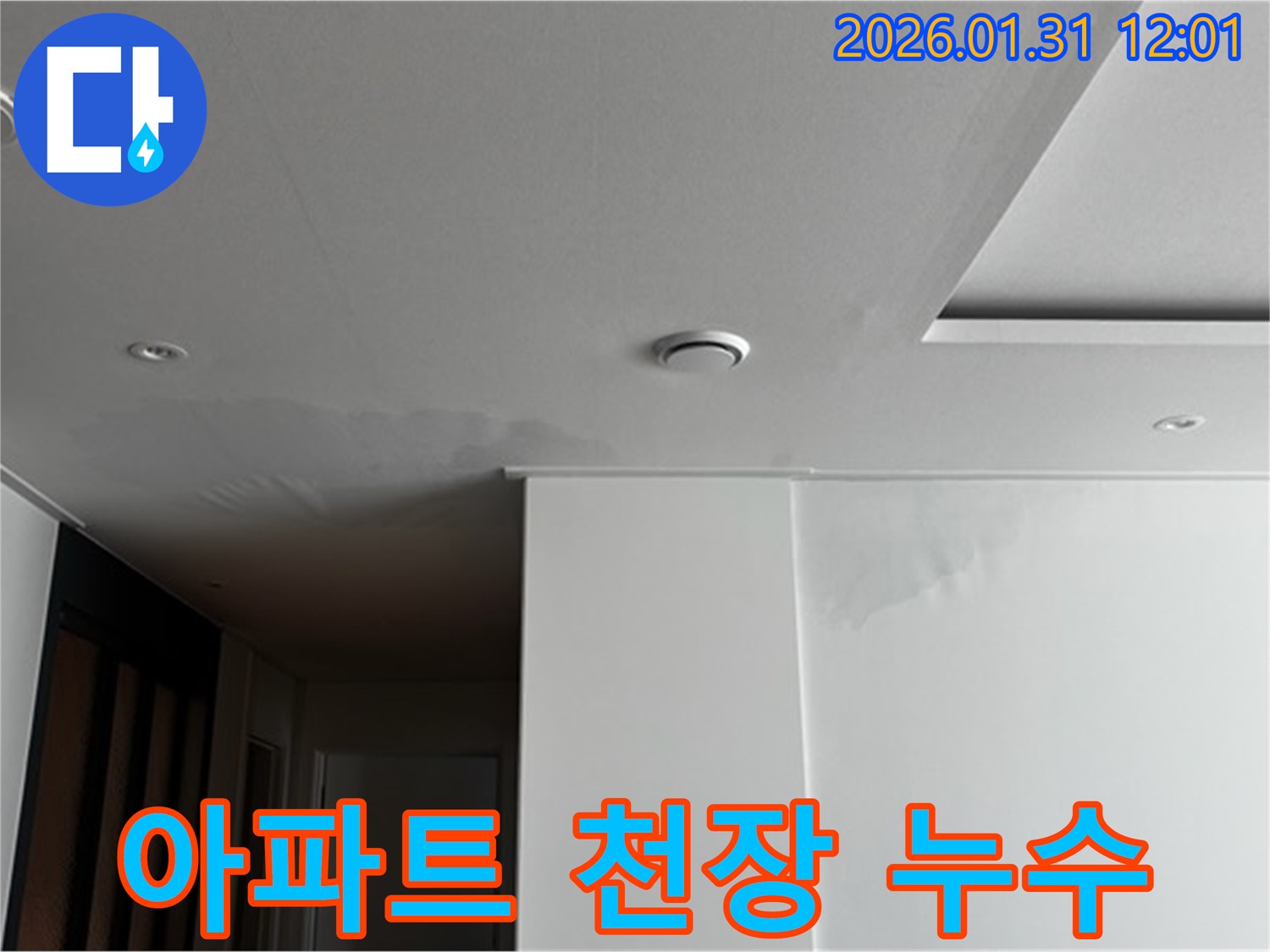 아파트 천장 누수 - 아파트 천장에 발생한 누수 흔적을 보여주는 사진입니다.
