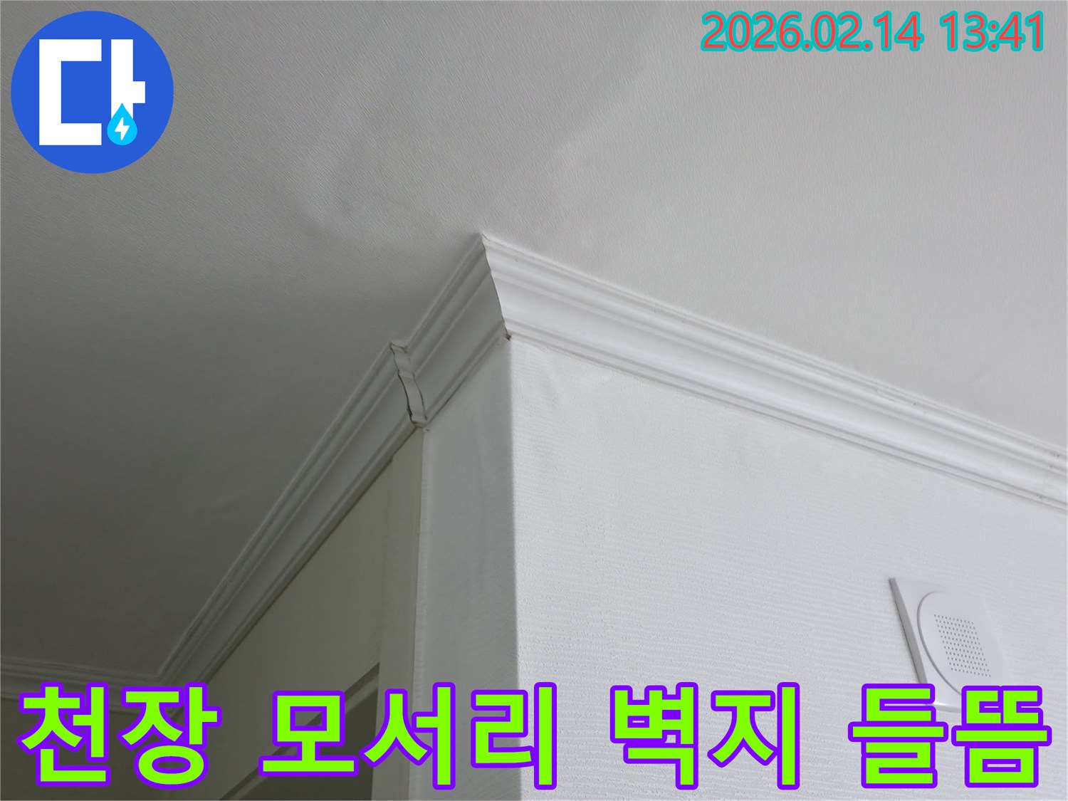 천장-모서리-부분의-벽지가-누수로-인해-들뜨고-변색된-모습을-담은-사진입니다