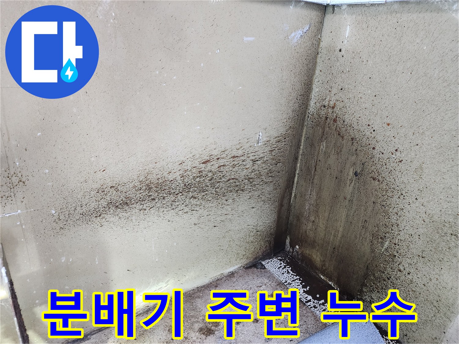 벽면을 타고 내려온 물자국과 곰팡이 오염 부위