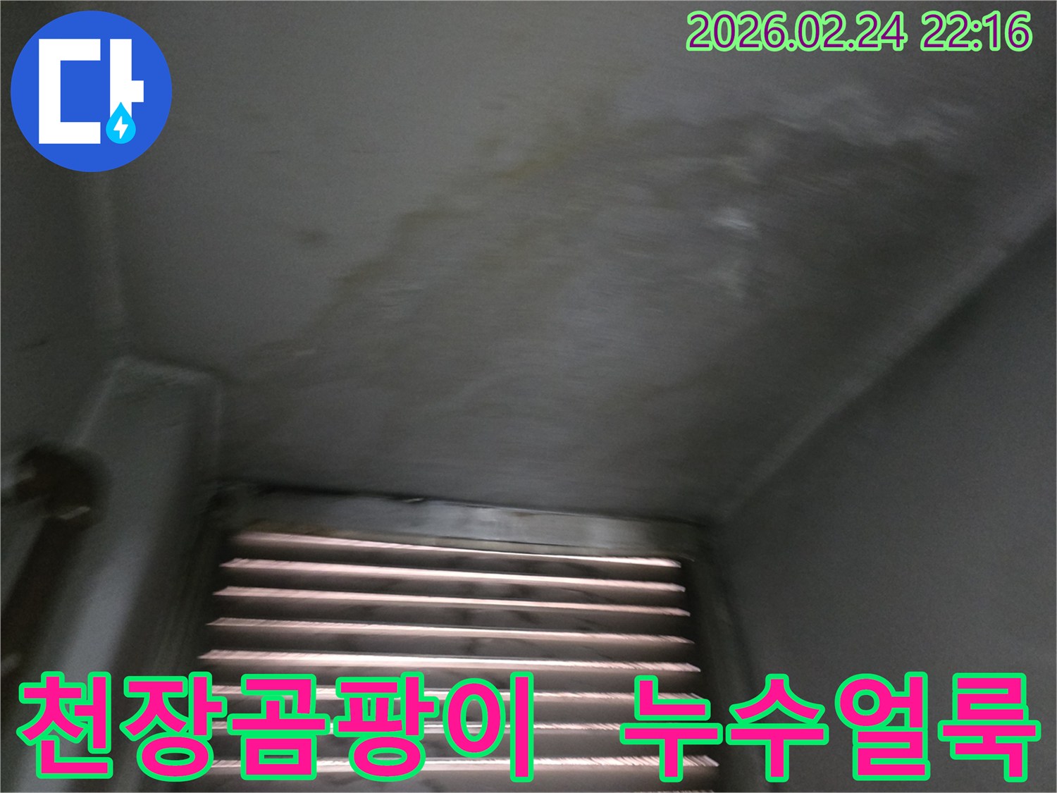 천장에-넓게-퍼진-누수-얼룩과-습기로-인한-곰팡이-발생-사진입니다.