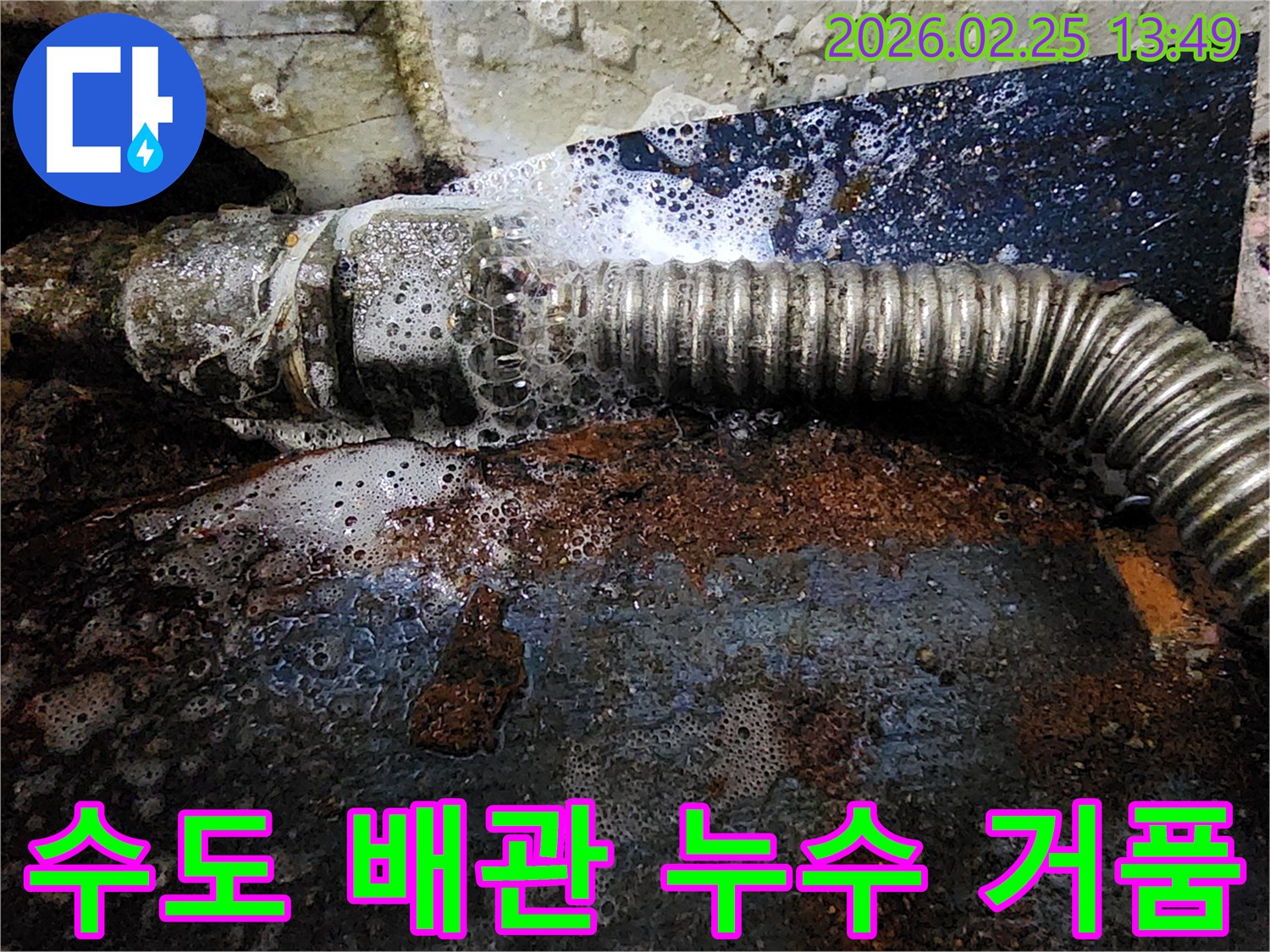 수도 배관에서 물이 새어 나와-탐지액과 반응하여 거품이 생기는-누수 현장