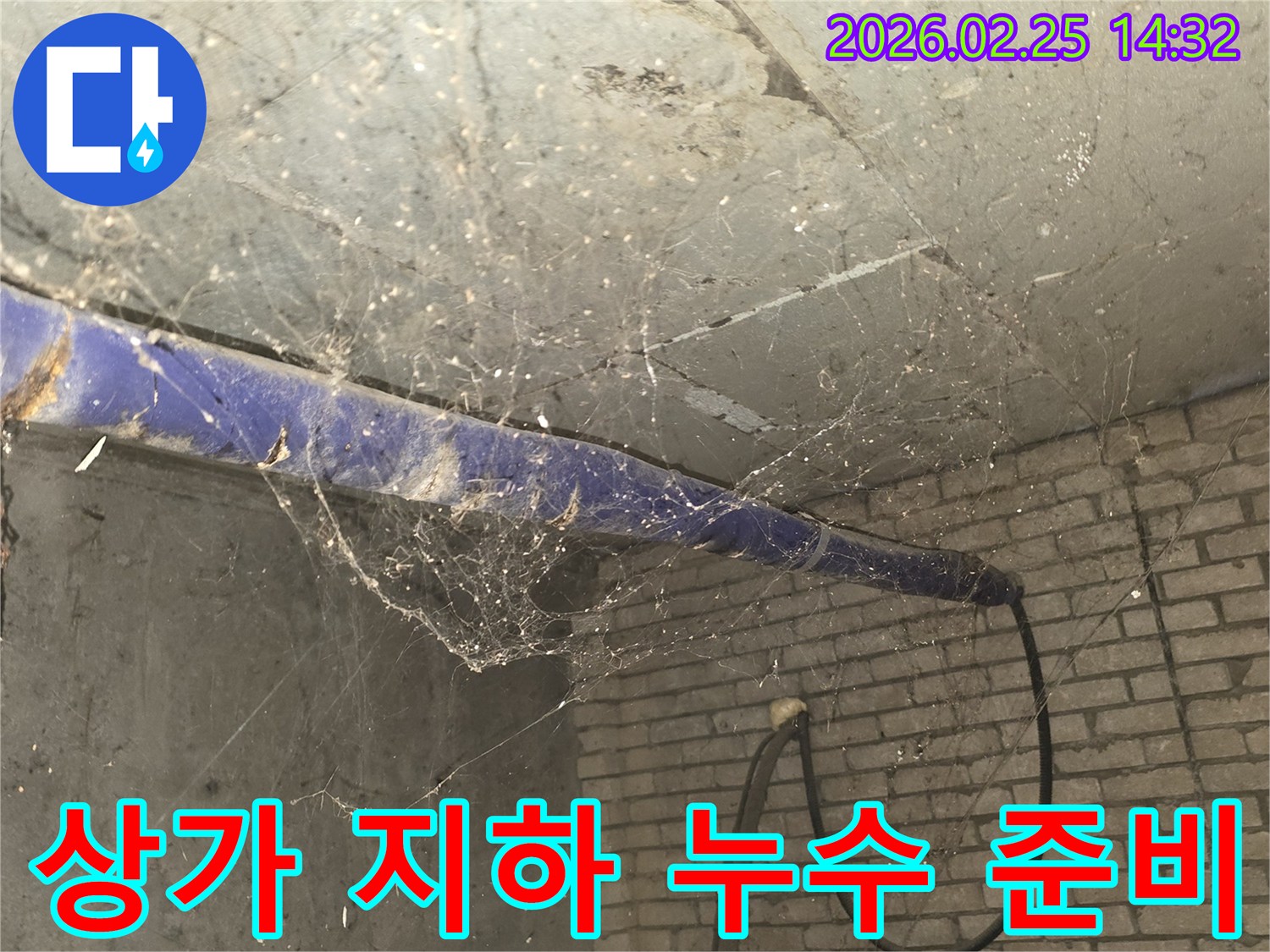 강동구 진황도로 인근 오래된 상가-지하 천장에 거미줄이 엉켜있는-누수 탐지 전-현장 준비 모습을 담은 사진입니다.