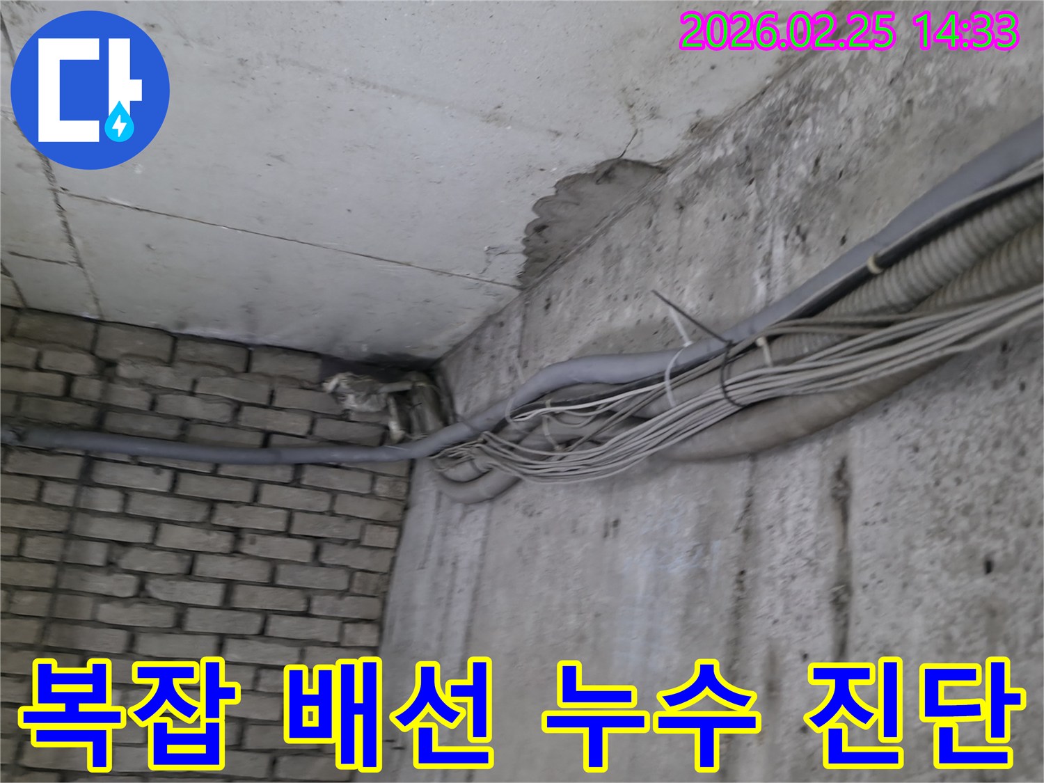 지하 벽면의-콘크리트와-벽돌 벽이 만나는-지점에서-발견된-오랜 누수로 인한-물자국과-주변의 복잡한 배선