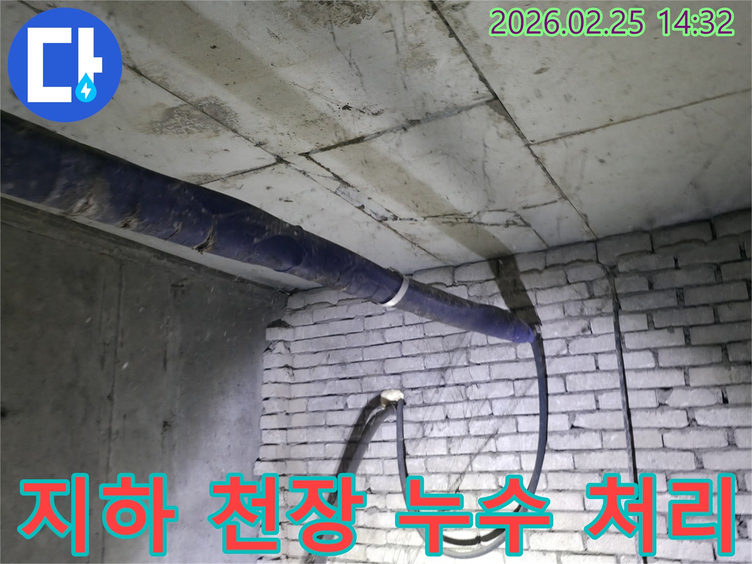 진황도로 211 인근의-지하 천장 누수 현장을-전문가가 신속하게 처리하기 위해-현장을 점검하는 모습