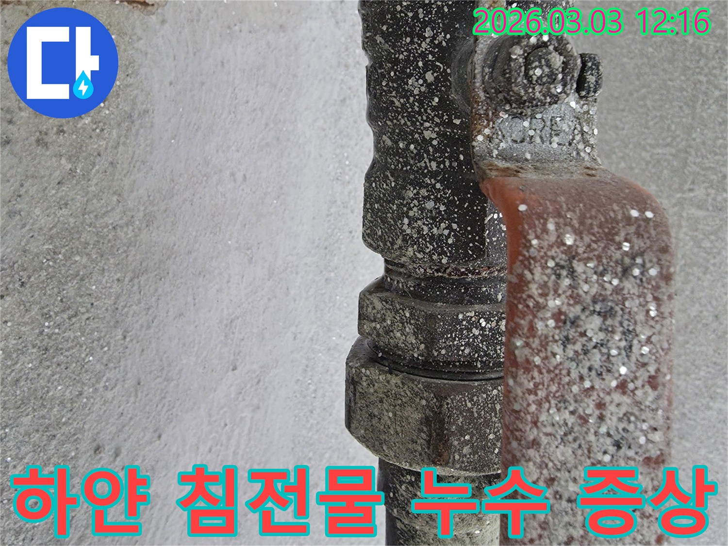 미세한-누수-지점에서-발생한-석회질-침전물을-확인하는-전문가의-현장-사진