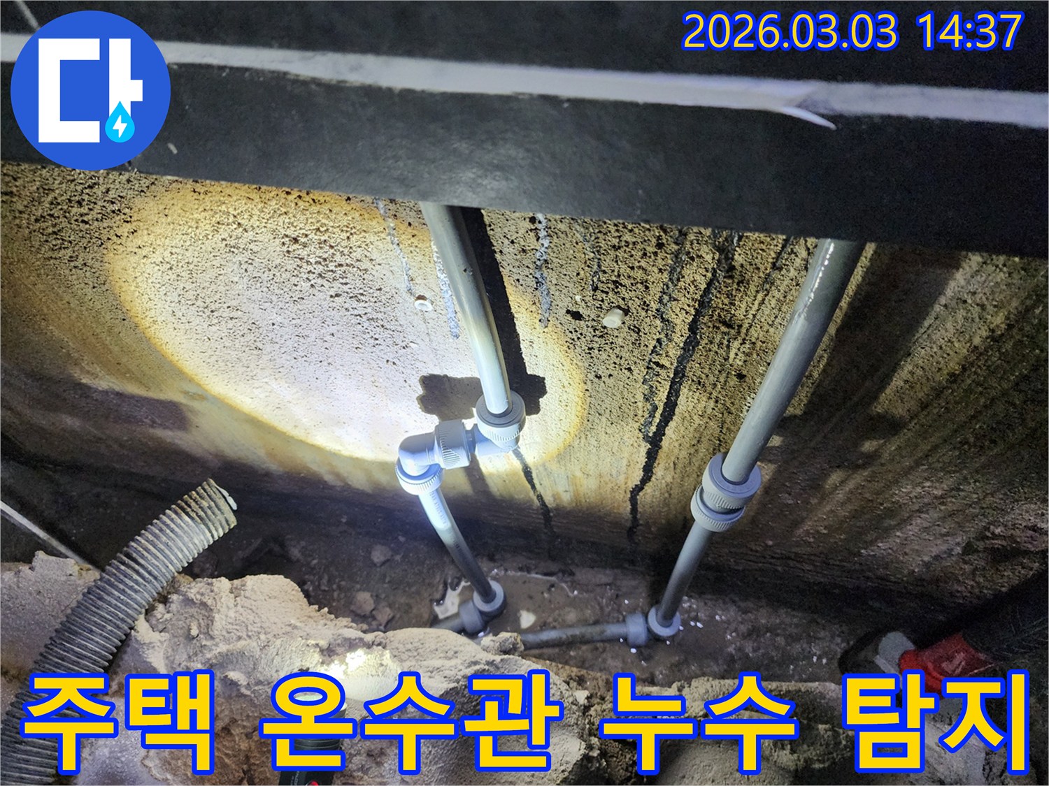 어두운 주택 지하에서-손전등으로 비춘-온수 배관의-연결부 누수를-전문가가 확인하는 모습입니다.