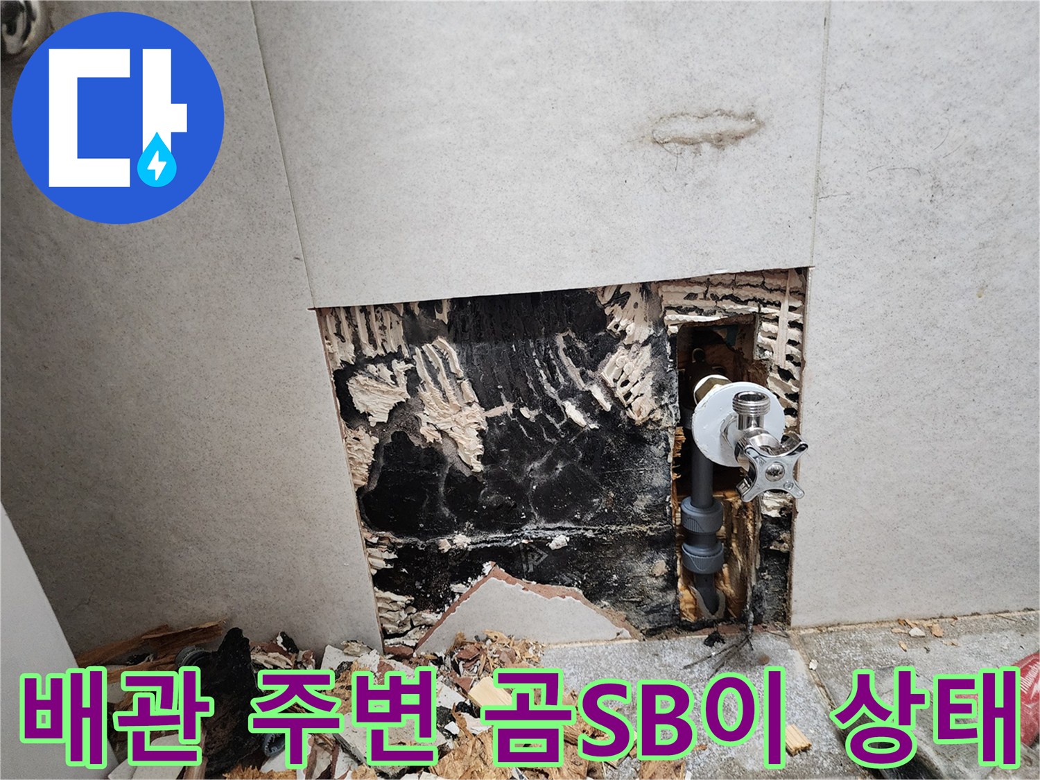 세면대 급수 밸브 근처 벽면에 발생한 검은색 곰팡이와 오염된 벽면