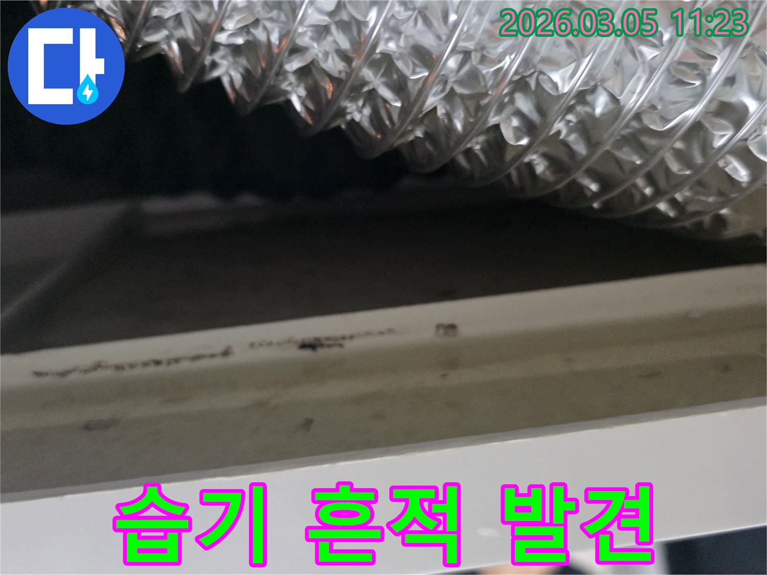 물이-새어-나와-천장-표면에-남긴-물자국을-자세히-관찰하는-누수-점검-현장입니다.