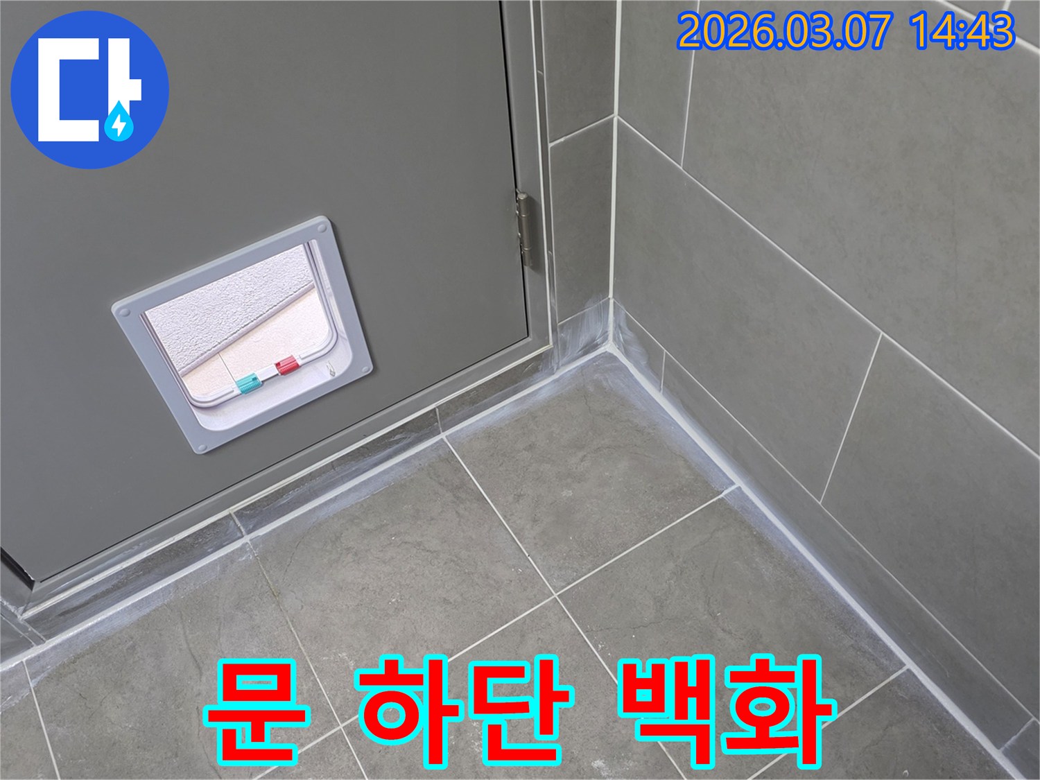 이 사진은 반려동물 문이 설치된 회색 문 하단과 인접한 타일 바닥-그리고 벽면 경계에 나타난 흰색 백화 현상으로-누수 문제를 시사합니다.