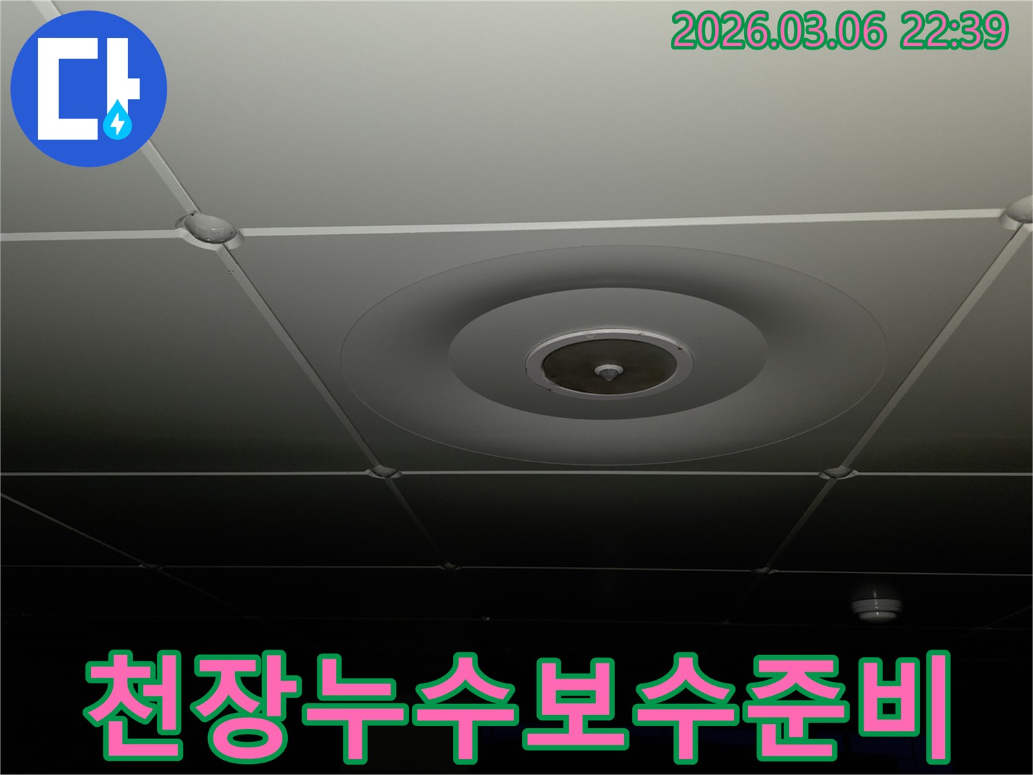 누수 전문가가-천장 내부의-습기나-변색 여부를-육안으로-확인하고-있는-장면