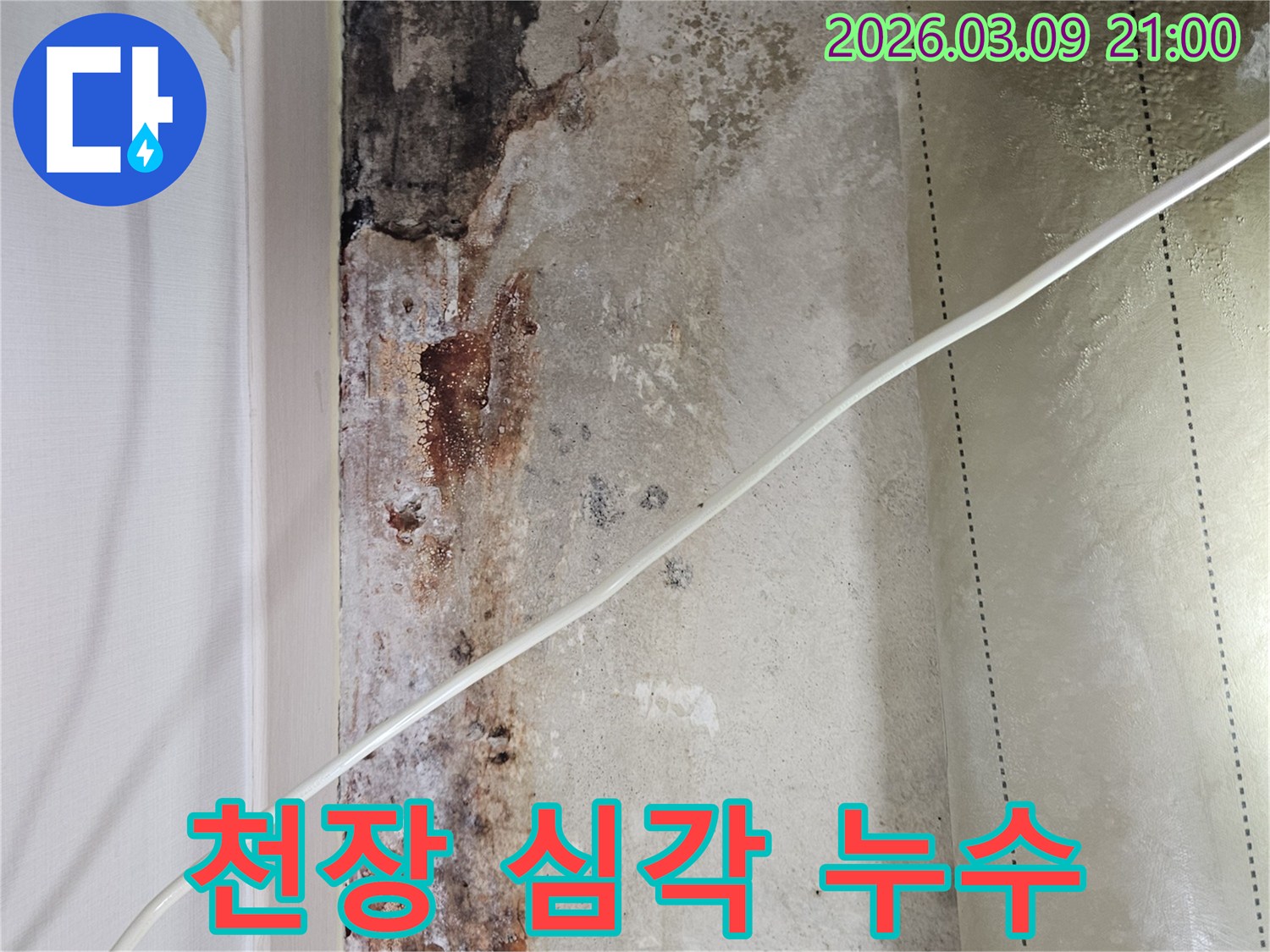 천장-누수로-인해-마감재가-심하게-손상되고-콘크리트가-노출된-모습