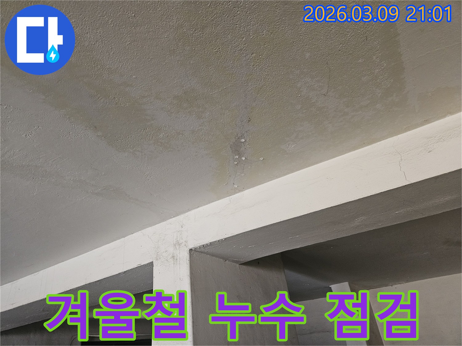 콘크리트 천장에서-물이 새어-얼룩지고-물방울이 맺힌-누수 현장을-겨울철 동파-문제로-추정하여-확인하는-모습입니다.