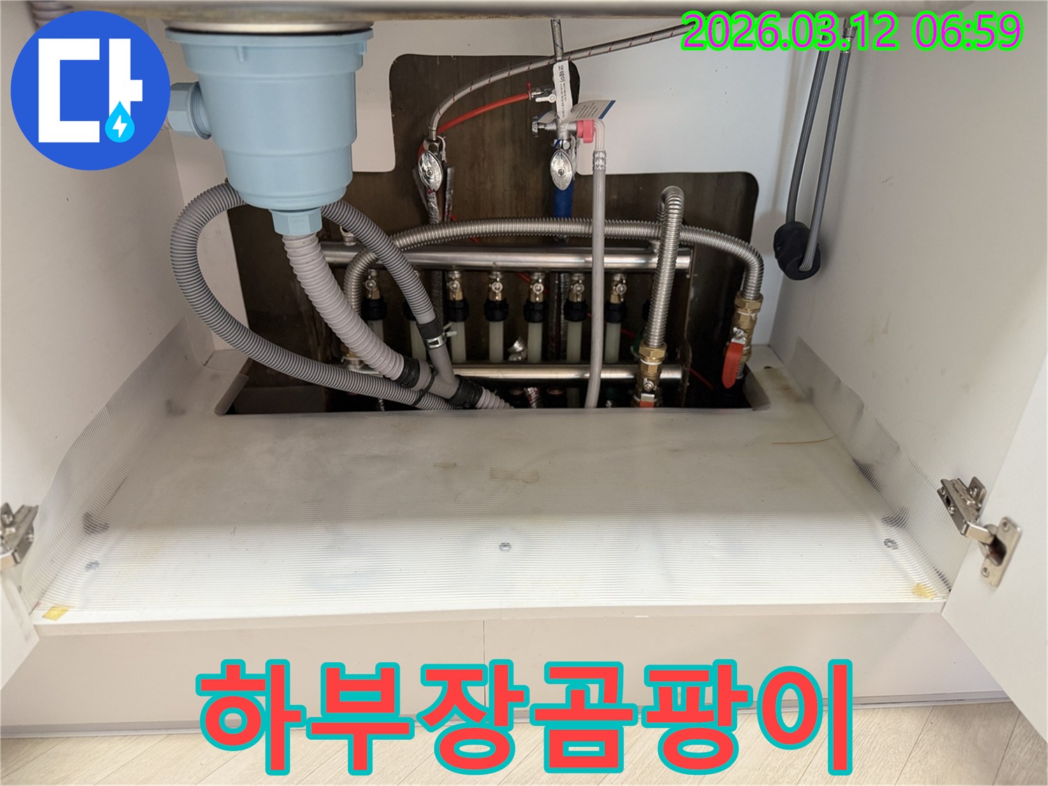 마포구-빌라-싱크대-하부-곰팡이-발생-현장에서-누수-원인-제거와-곰팡이-박멸을-위해-점검하는-모습입니다.