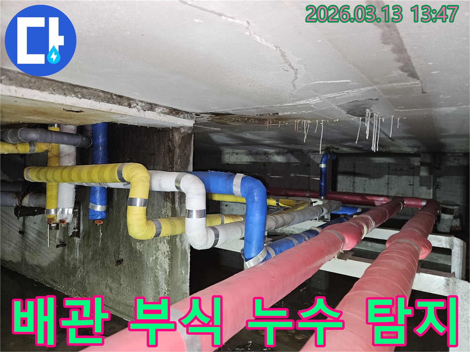 오래된 지하 배관에서-부식으로 인해-누수가 발생하여-천장과 바닥에-물이 고인 현장을-보여주는 사진