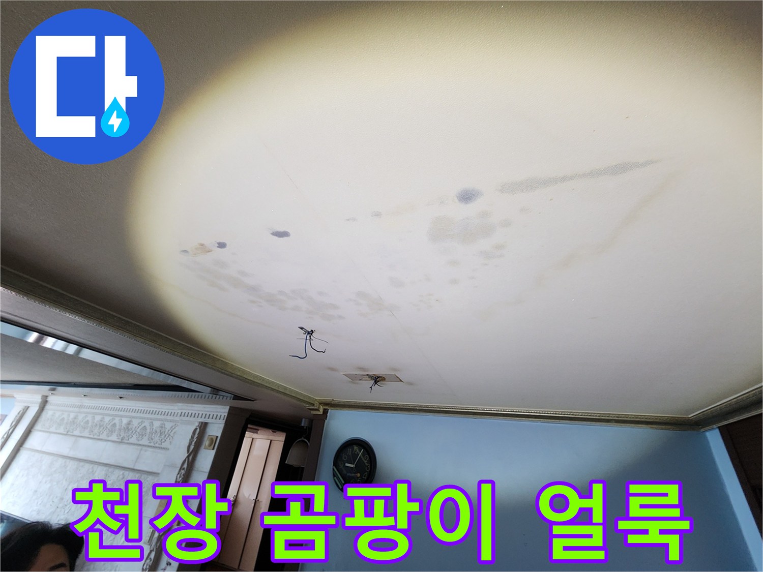 천장 도배지 곳곳에 번진 누수 흔적과 변색 부위