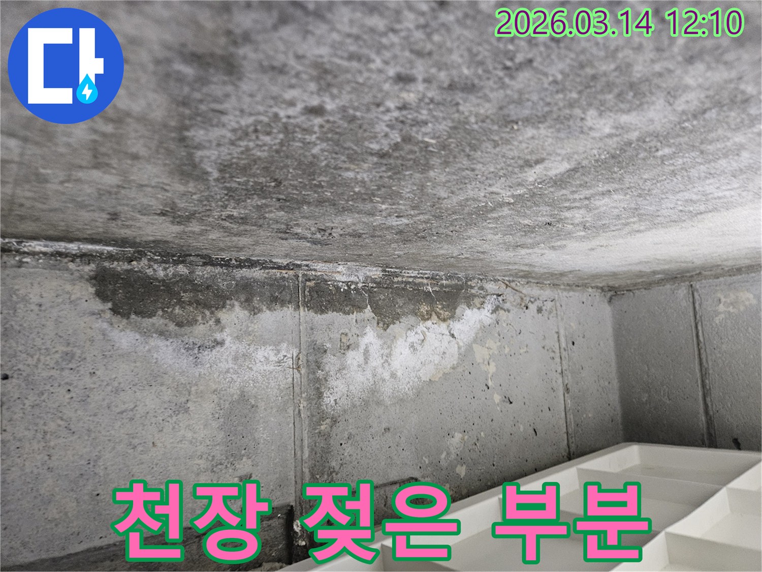 콘크리트-천장과-벽면-경계에서-발생한-온수-누수로-인한-물기-침투와-변색