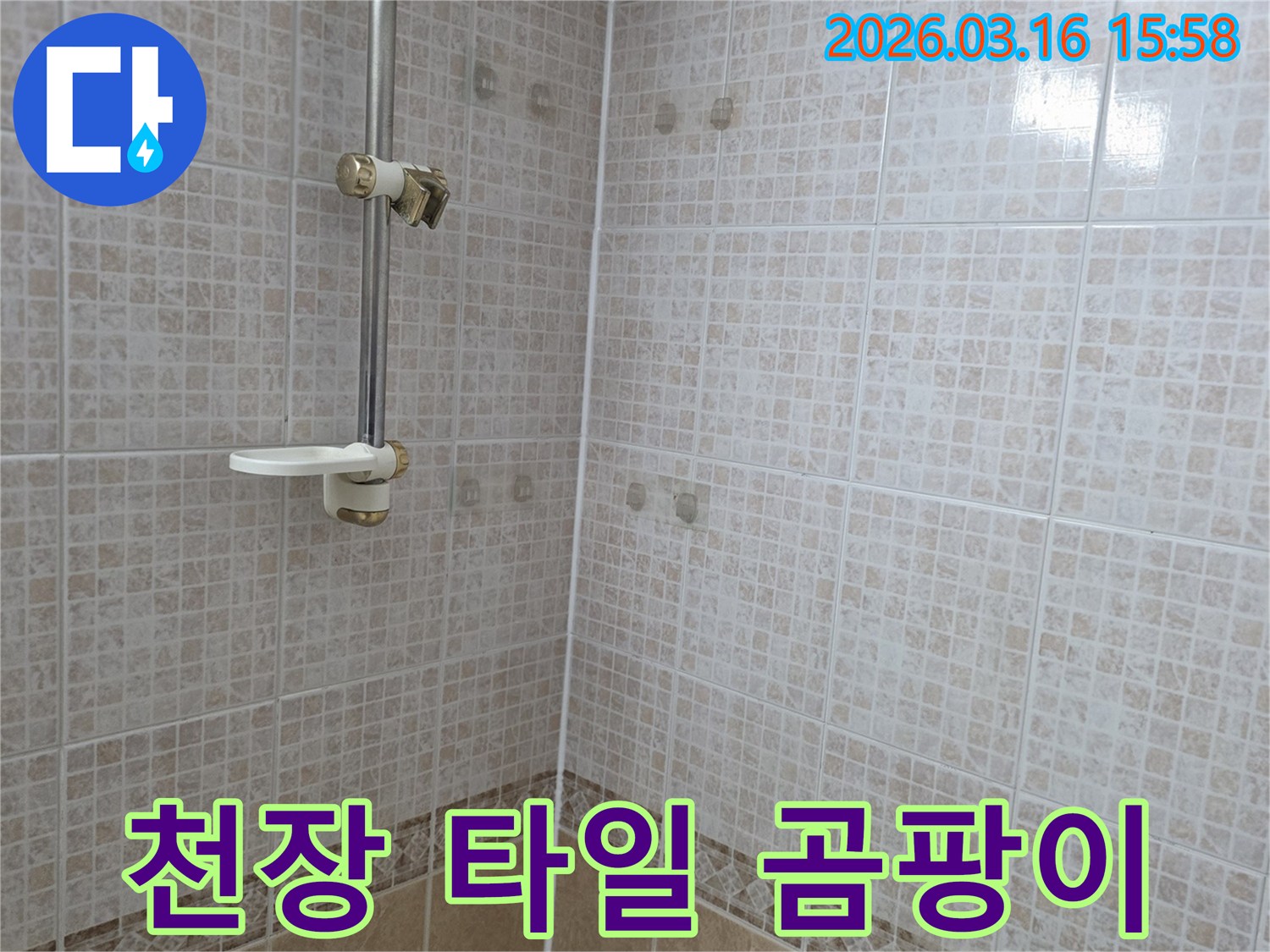 욕실 천장 타일에 물이 새어 발생한 곰팡이와-얼룩을 보여주는 누수 현장 사진