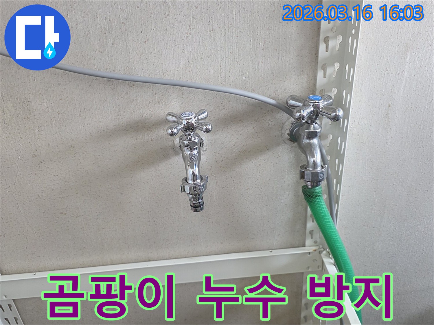 벽에 설치된 수도꼭지 두 개와-호스 연결부-곰팡이 발생 여부 확인