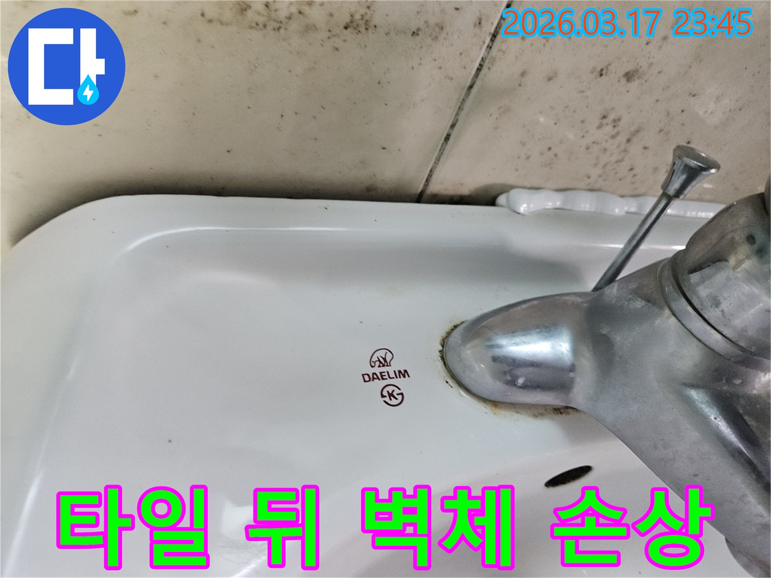 대림 세면대 수도꼭지 주변의 물때와-벽면에 번진 검은 곰팡이가-타일 뒤 숨은 물샘으로 인한 벽체 내부 손상 진단이 필요한 현장을 보여줍니다.