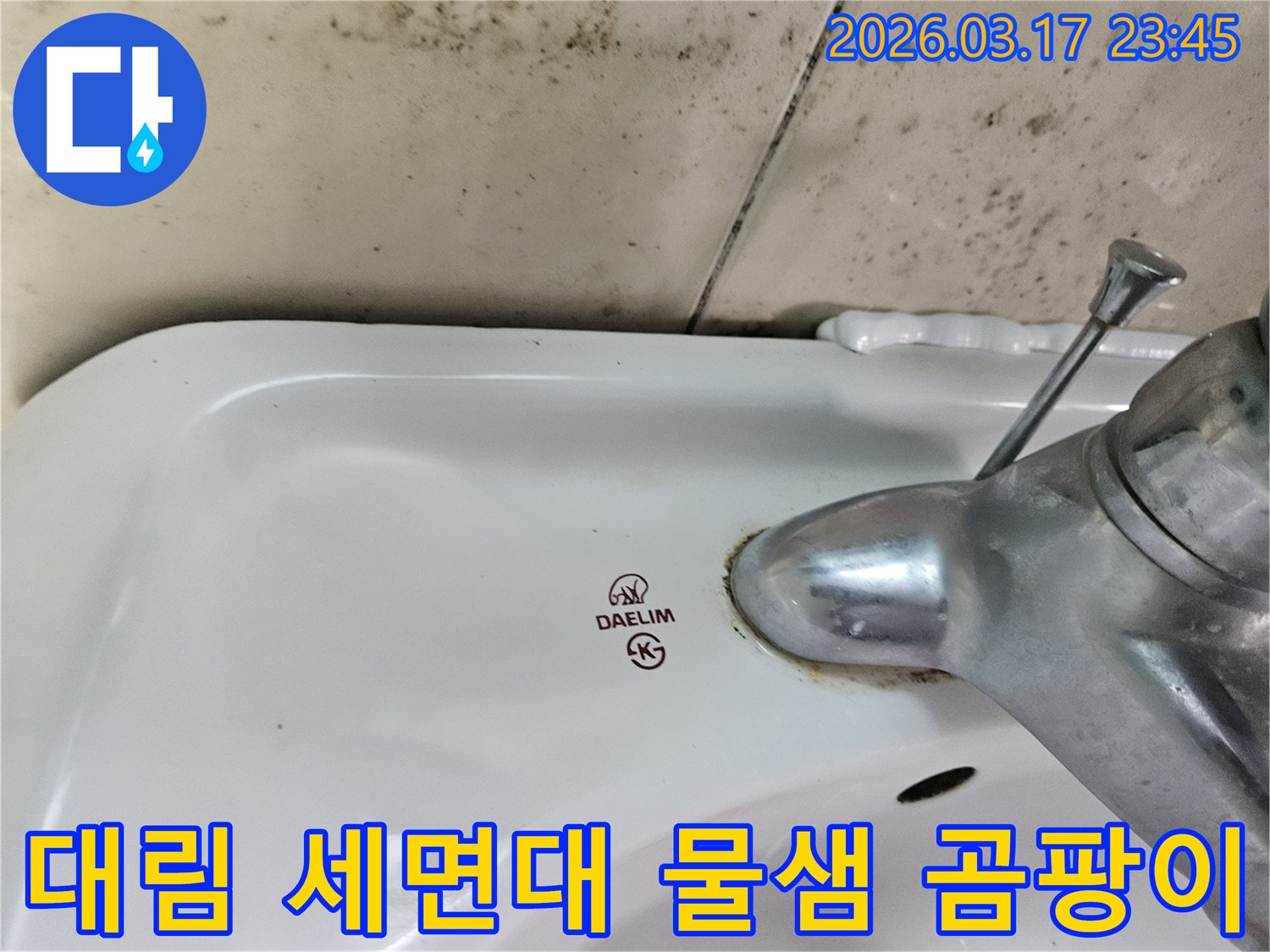 대림 세면대와 수도꼭지 주변의 낡은 모습과-벽면에 피어난 곰팡이가 누수 문제를 명확히 보여주는 사진입니다.