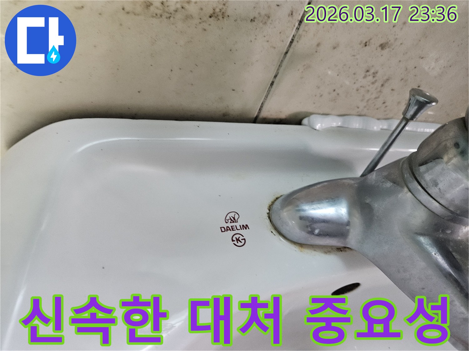 세면대 뒤편 벽의 곰팡이와- 수도꼭지 부식이- 누수 발생 시- 신속한 대처의- 중요성을 강조합니다