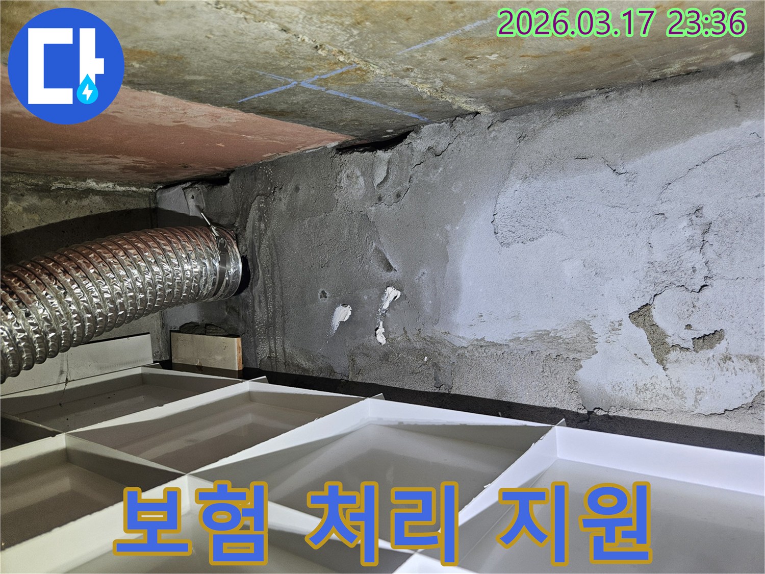 심각하게 젖은-천장과 벽면의 누수 현장에서-보험 처리 절차를 상세히 안내하고 지원