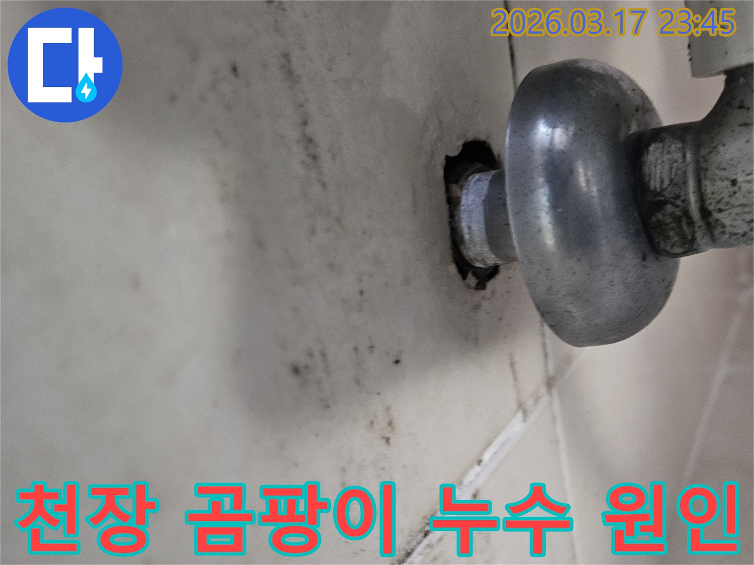 이 사진은 천장 배관 주변의 누수로 인해-곰팡이와 물때가 심하게 생긴 모습을 보여줍니다