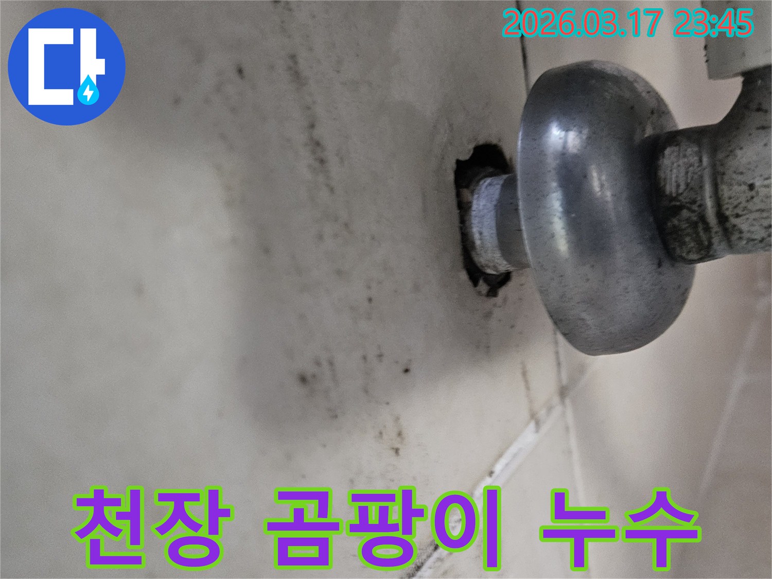 이 사진은 천장 배관 주변의 누수로 인해-곰팡이와 물때가 심하게 생긴 모습을 보여줍니다