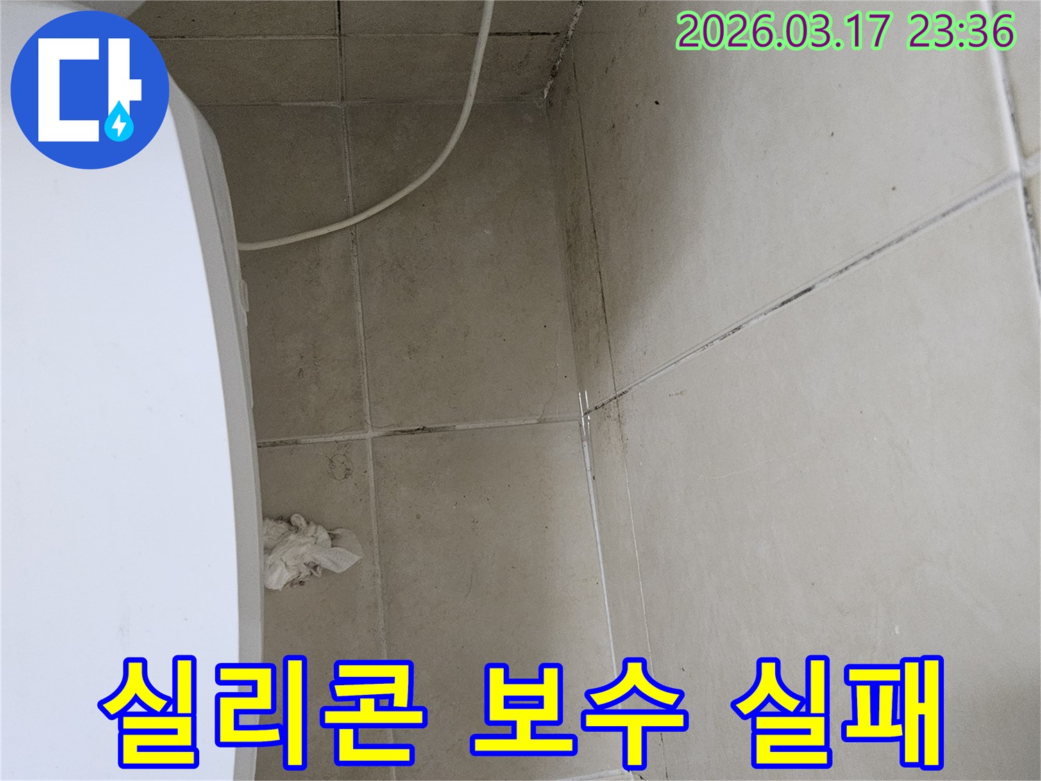 이-이미지는-벽면에-덧대어진-하얀-실리콘-보수-흔적-주변으로-다시-번진-곰팡이를-보여주며-이는-기존-보수의-실패와-누수-지속을-시사합니다