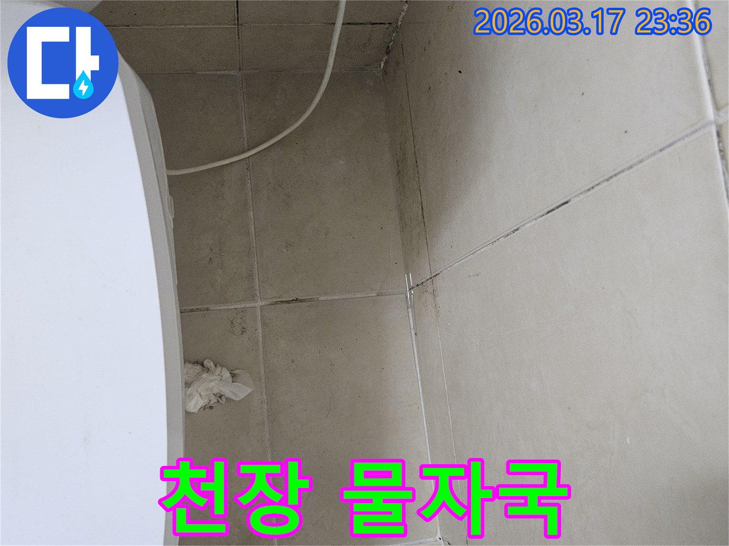 이 이미지는-천장-타일과-벽면-모서리에-나타난-물자국과-곰팡이를-보여주며-이는-상층부-또는-내부-배관의-누수로-인한-지속적인-습기-침투를-의미합니다