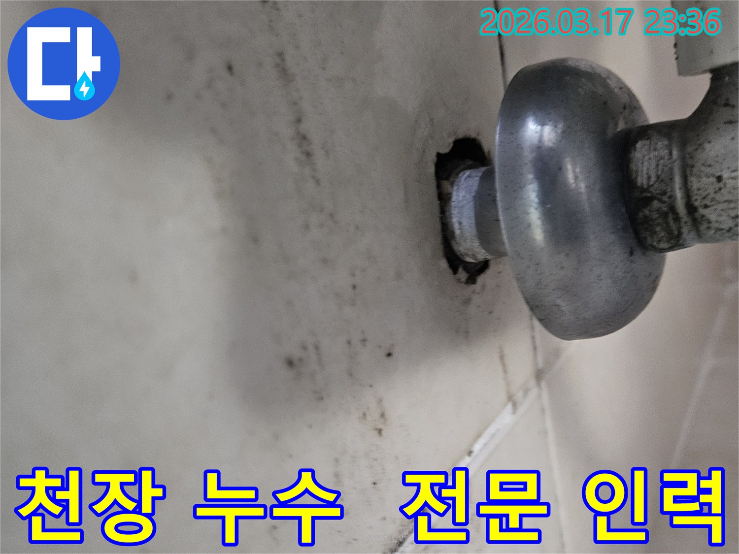 천장-배관에서-발생한-누수로-인해-오염된-벽면과-전문-인력의-신속-대응이-필요한-배관-모습