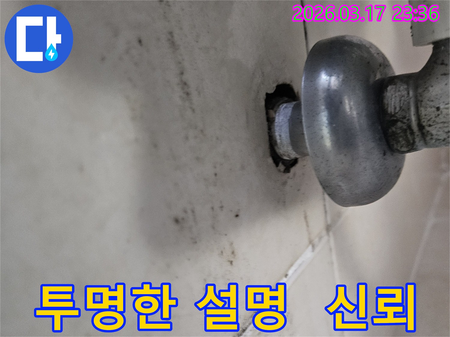 천장-배관에서-발생한-누수로-인해-오염된-벽면과-투명한-과정-설명으로-신뢰를-주는-수리가-필요한-배관-모습
