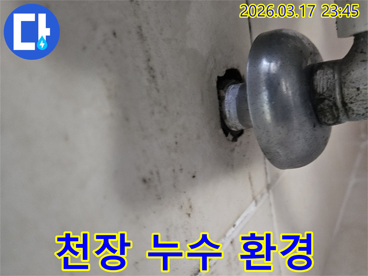 천장 배관에서 발생한 물샘은-주변 타일과 벽면에 심각한 오염을 남겼습니다