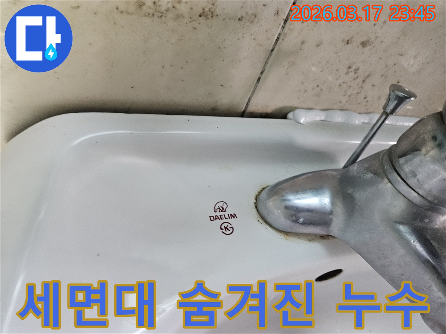 화성 병점동 아파트 욕실의 대림 세면대와-수도꼭지 주변에 발생한 곰팡이가-숨겨진 누수를 발견하게 된 현장을 보여주는 사진입니다.