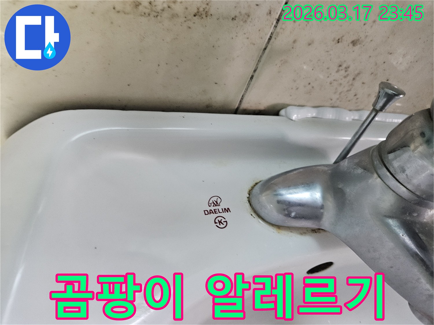 화성 병점동 아파트 욕실의 대림 세면대와-수도꼭지 주변에 발생한 곰팡이와 물샘 흔적이-누수로 인한 곰팡이 알레르기와 건강한 실내 환경 조성이 필요한 현장을 보여주는 사진입니다.