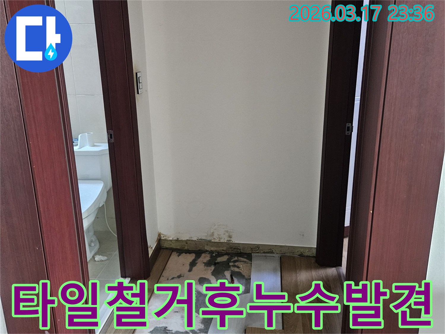 화성시에서 진행된 누수공사 현장으로-타일 철거 후 벽면과 바닥에서-누수 지점을 발견한 모습입니다.