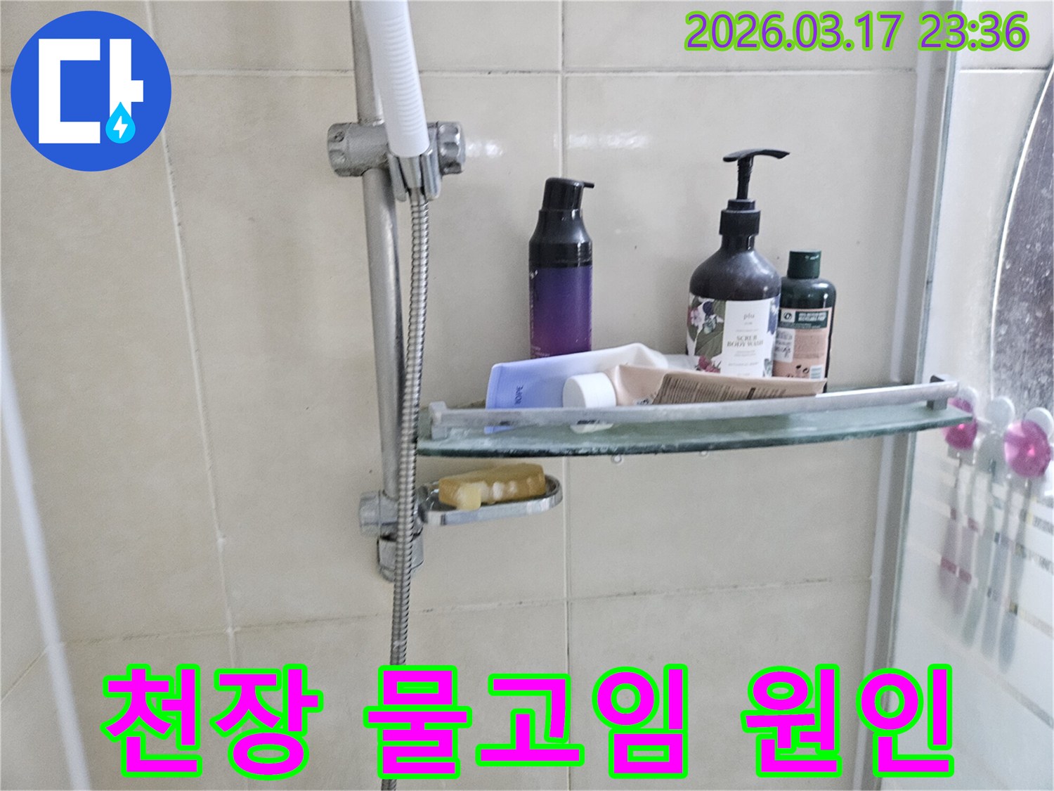 화장실 샤워기 옆-유리 선반에 맺힌 물방울은-천장 물고임의 간접적인 증거를 보여주는 이미지입니다