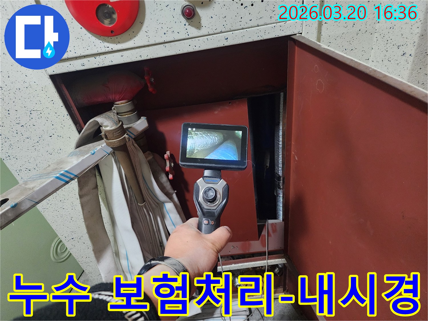 누수 전문가가-분당 정자동 현장에서-내시경 카메라로-누수 증거를 확보하여 보험처리 서류를 지원하고 있습니다