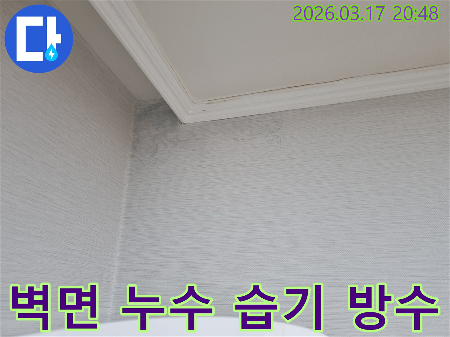 벽면에 습기가 차올라 벽지가 젖어있는 모습-누수 전문가가 습기 제거 후 방수 처리를 진행할 현장입니다