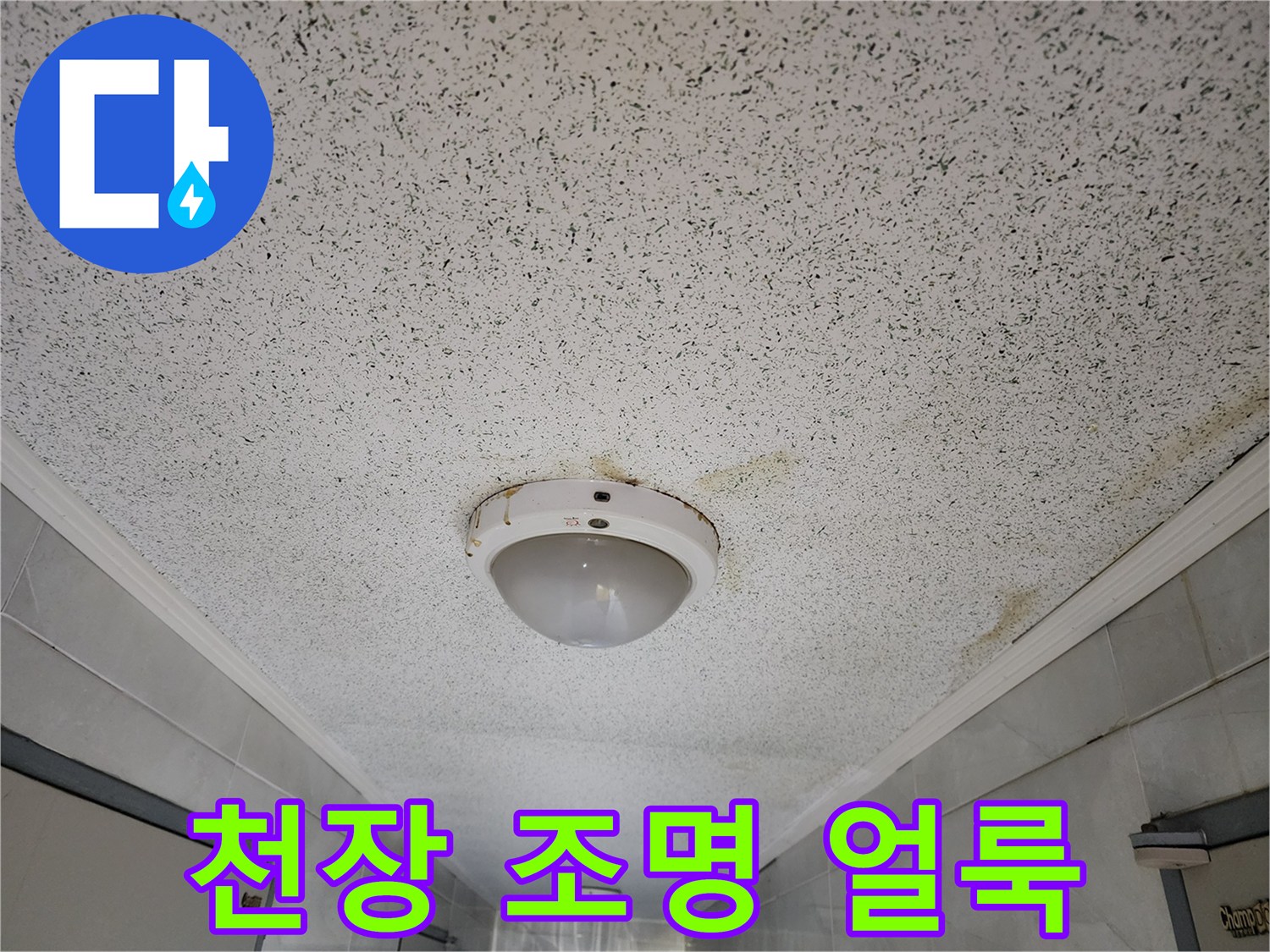 전등 주변에 나타난 누수 흔적과 변색된 천장
