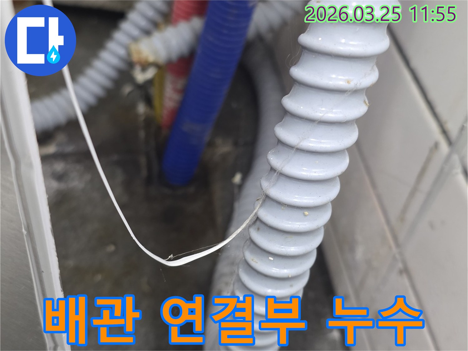 다양한 색상의 배관들이-서로 연결되는 지점과-주름진 배수 호스 주변에서-누수 흔적을 면밀히 살피는 모습